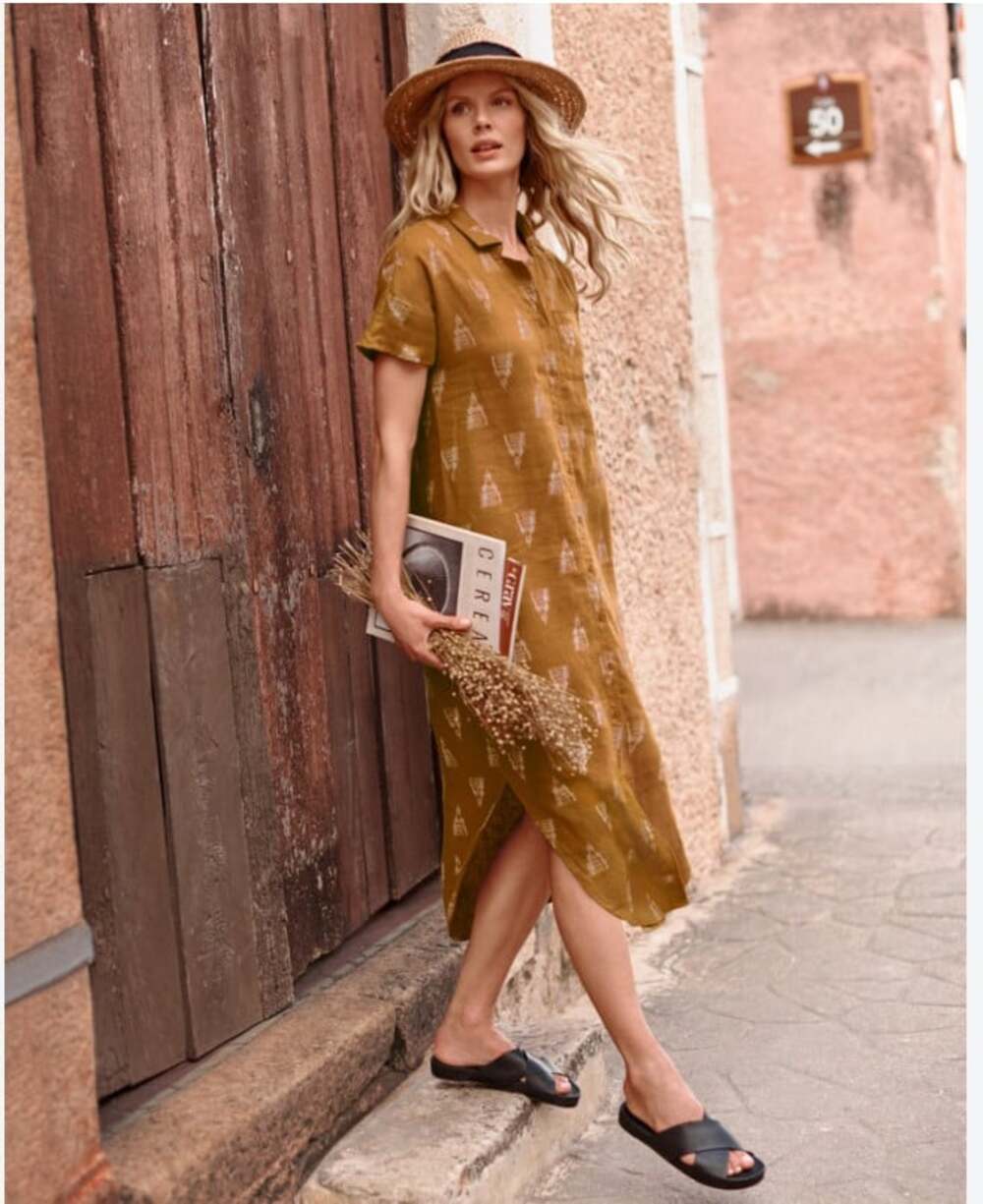 Garnet Hill Shirt Dress Womens XS Yellow Linen Geometric Button Midi Casual